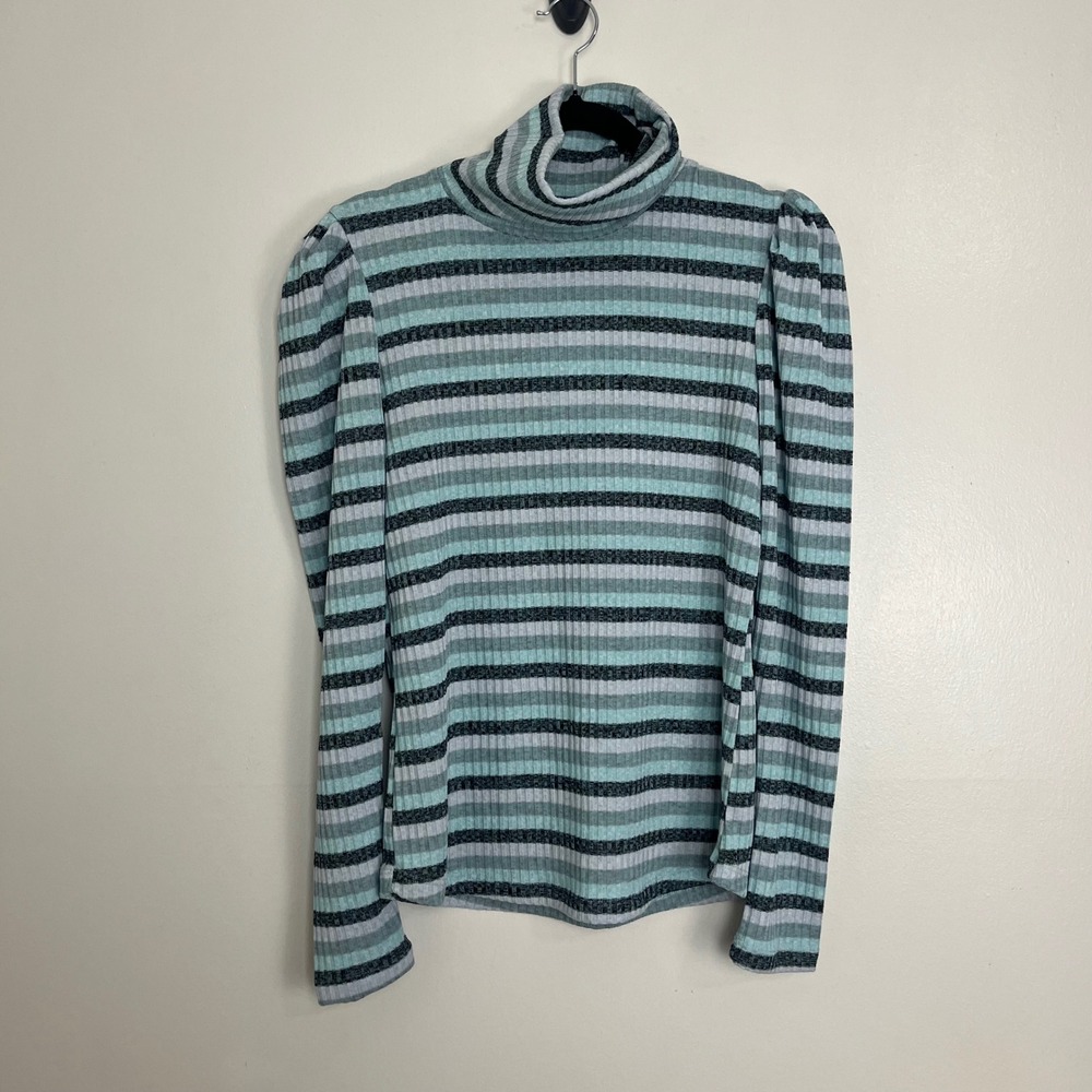 NWT Maeve Anthropologie Blue Striped Ribbed Turtleneck Sweater Puff Sleeve‎ XL - Picture 3 of 9